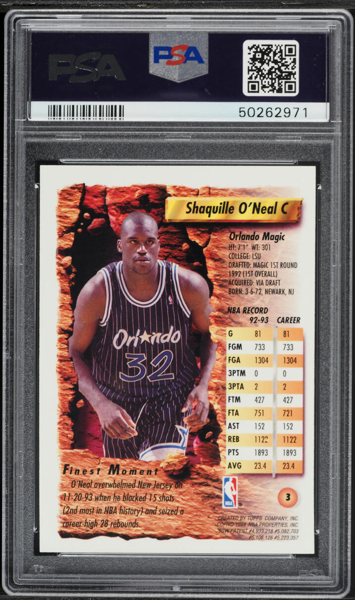 1993 Finest Basketball Shaquille O'Neal #3 PSA 9 MINT