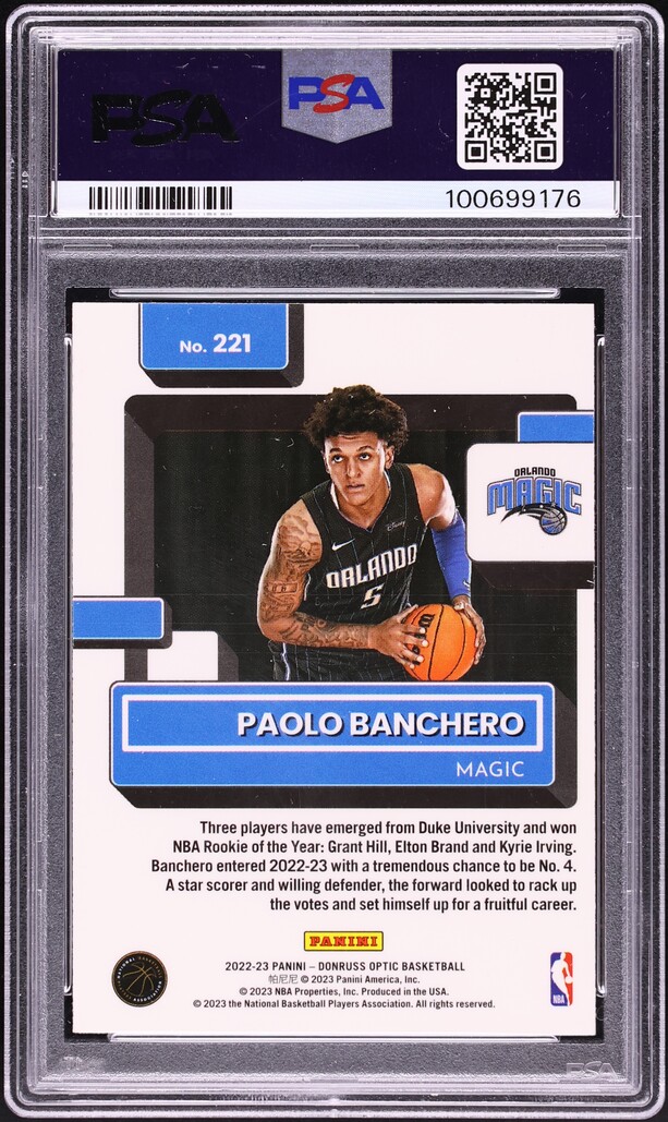 2022 Donruss Optic Paolo Banchero ROOKIE AUTO DNA 10 #221 PSA 9 MINT