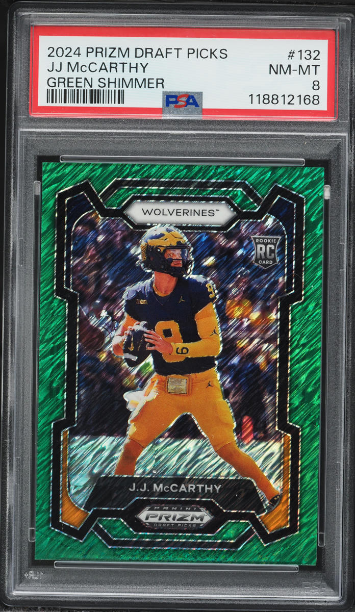 2024 Panini Prizm Draft Picks Green Shimmer J.J. McCarthy ROOKIE /8 #132 PSA 8 NM-MT