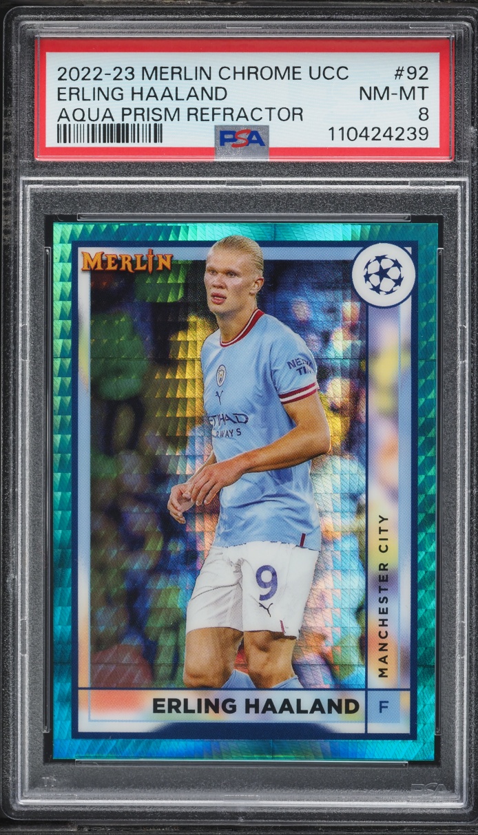 2022 Topps Merlin Chrome UEFA Club Competitions Aqua Prism Refractor Erling Haaland #92 PSA 8