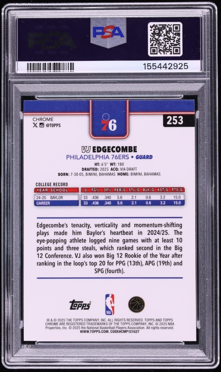 2025 Topps Chrome Basketball Refractor VJ Edgecombe ROOKIE #253 PSA 10 GEM MINT