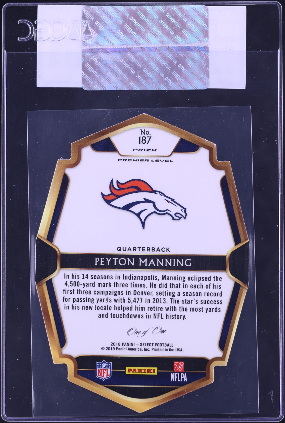 2018 Select Premier Level Black Die-Cut Peyton Manning 1/1 #187 CGC AUTH - Photo 2
