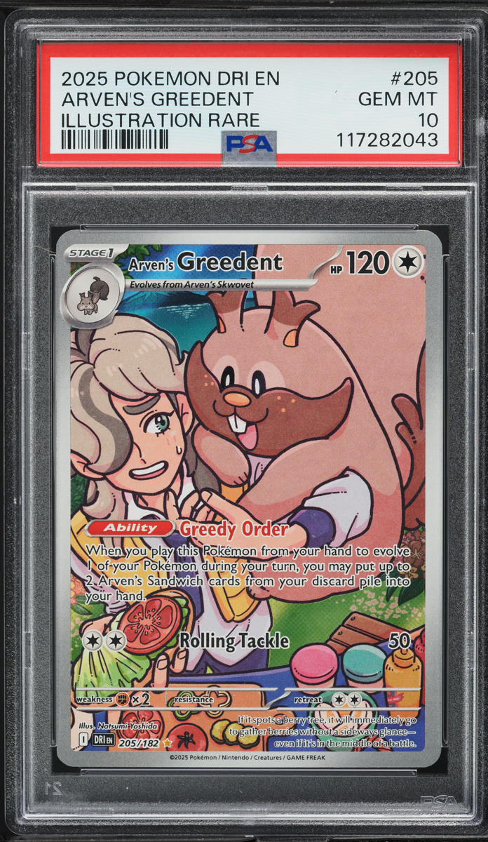 2025 Pokemon Scarlet & Violet Destined Rivals IR Arven's Greedent #205 PSA 10 GEM MINT