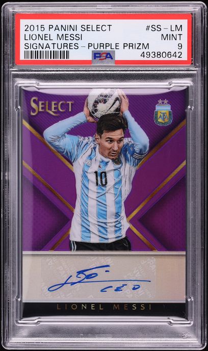 2015 Select Signatures Purple Prizm Lionel Messi AUTO JERSEY # 10/10 #SS-LM PSA 9 MINT