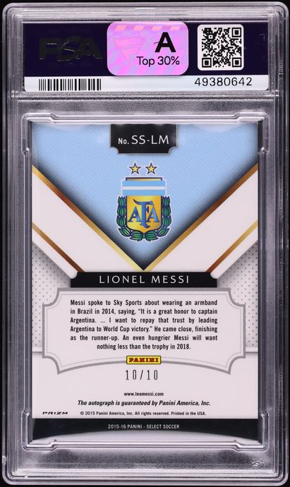 2015 Select Signatures Purple Prizm Lionel Messi AUTO JERSEY # 10/10 #SS-LM PSA 9 MINT