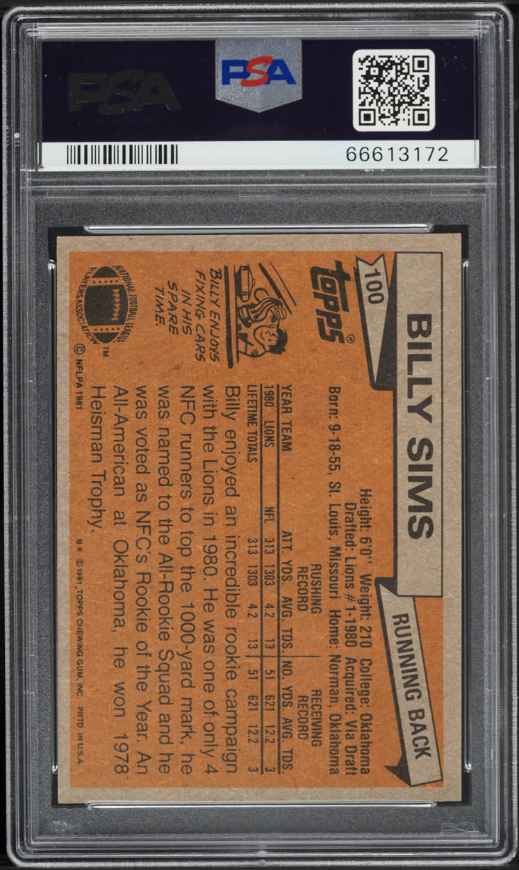 1981 Topps Football Billy Sims ROOKIE, ALL-PRO #100 PSA 10 GEM MINT