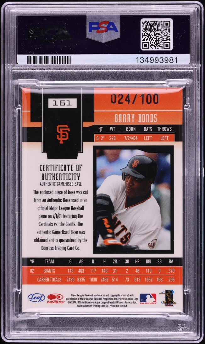 2003 Leaf Certified Materials Mirror Blue Barry Bonds PATCH /100 #161 PSA 9 MINT - Photo 2