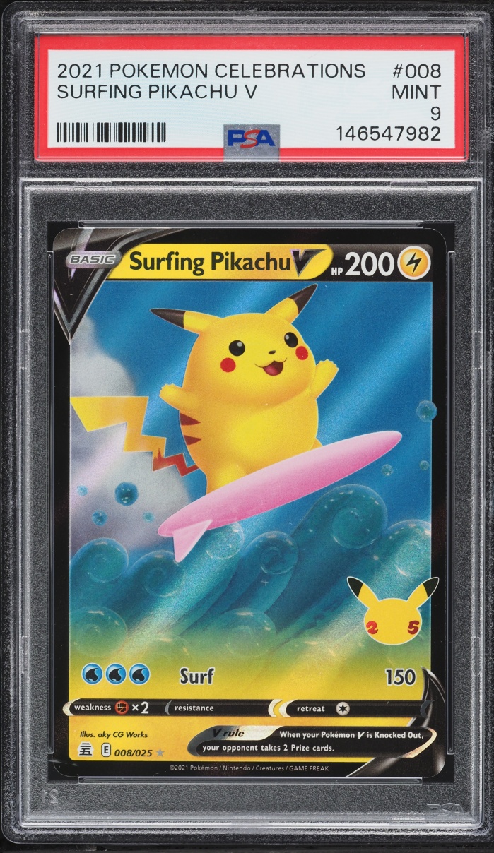 2021 Pokemon Sword & Shield Celebrations Holo Surfing Pikachu V #8 PSA 9 MINT