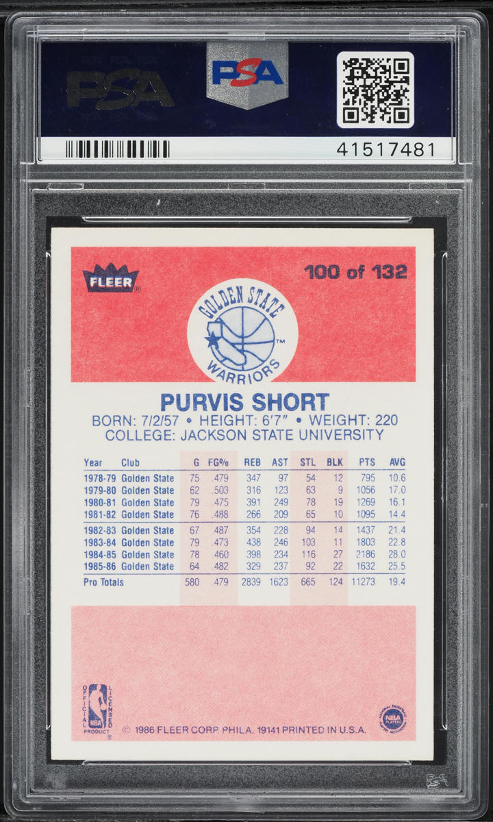 1986 Fleer Basketball Purvis Short #100 PSA 10 GEM MINT