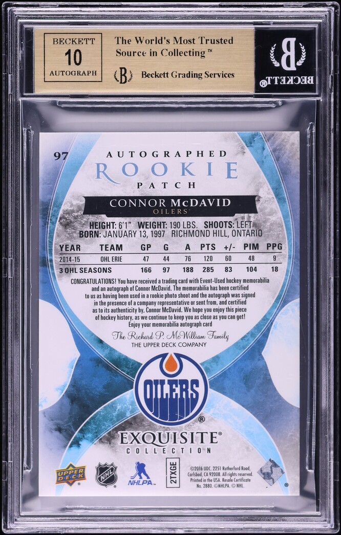 2015 Exquisite Collection Connor McDavid ROOKIE PATCH AUTO /97 #97 BGS 9.5 GEM