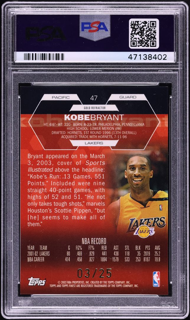 2002 Finest Gold Refractor Kobe Bryant /25 #47 PSA 10 GEM MINT