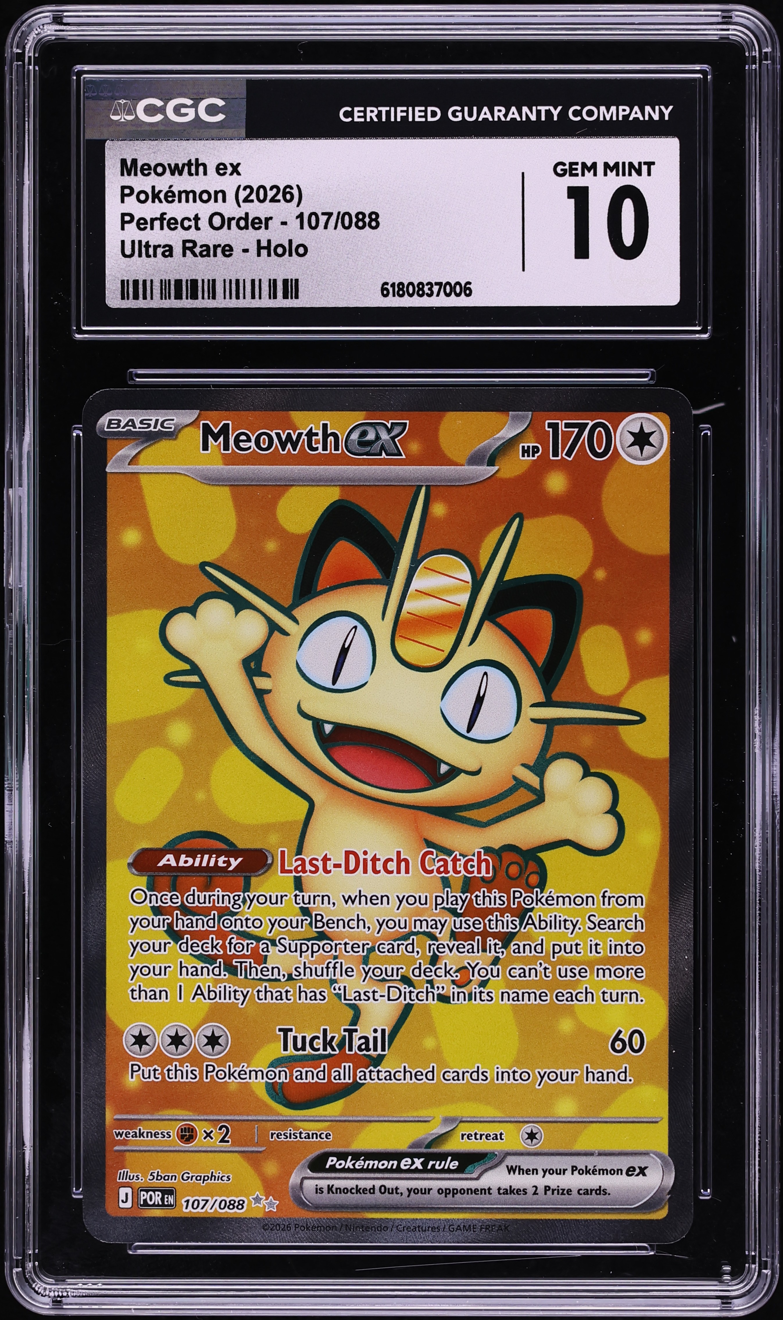 2026 Pokemon Mega Evolution Perfect Order Full Art Meowth Ex #107 CGC 10 GEM MINT