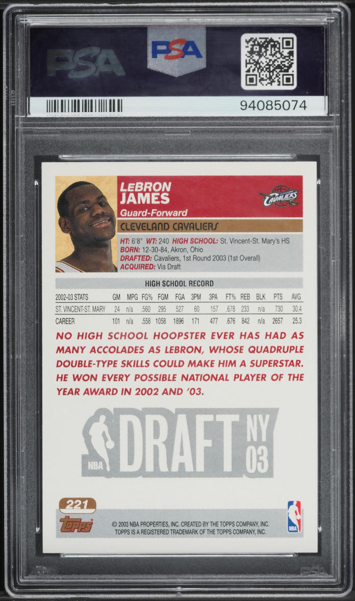 2003 Topps Basketball LeBron James ROOKIE #221 PSA 10 GEM MINT