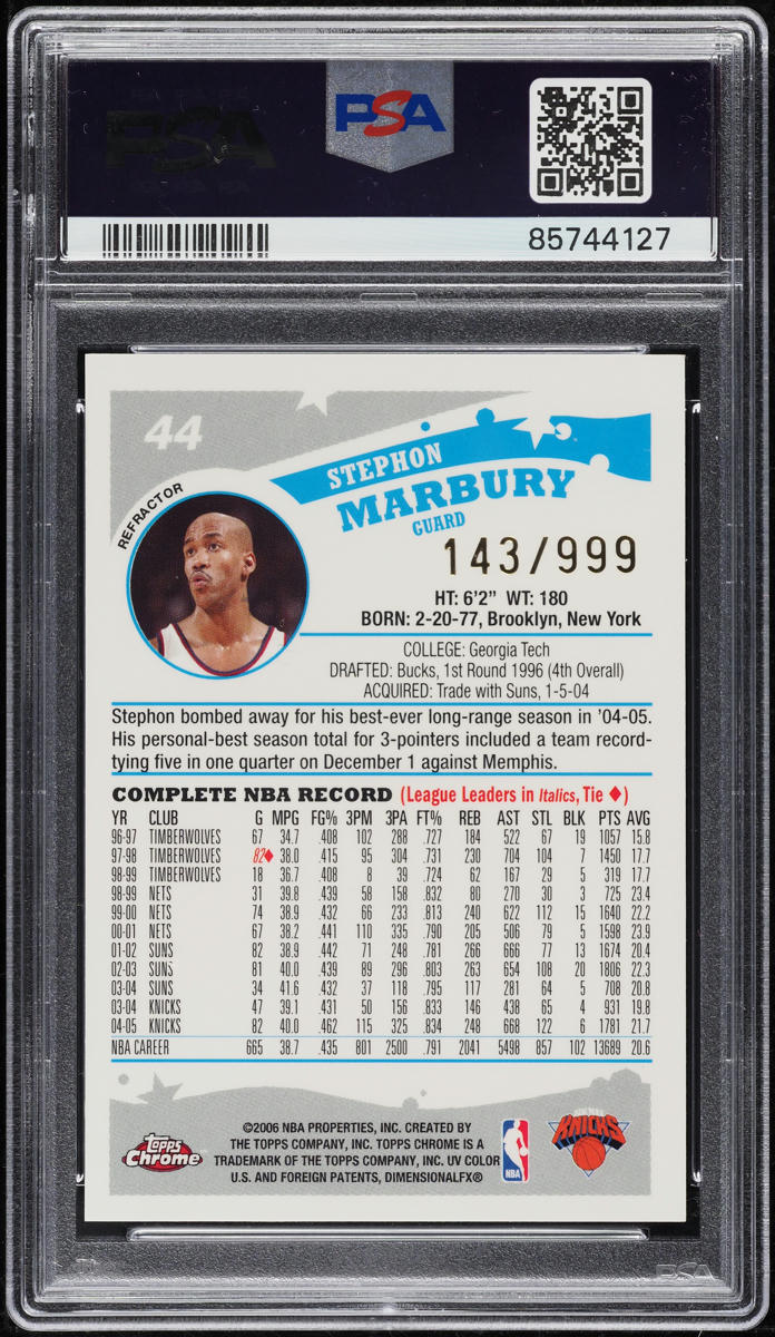 2005 Topps Chrome Refractor Stephon Marbury /999 #44 PSA 10 GEM MINT