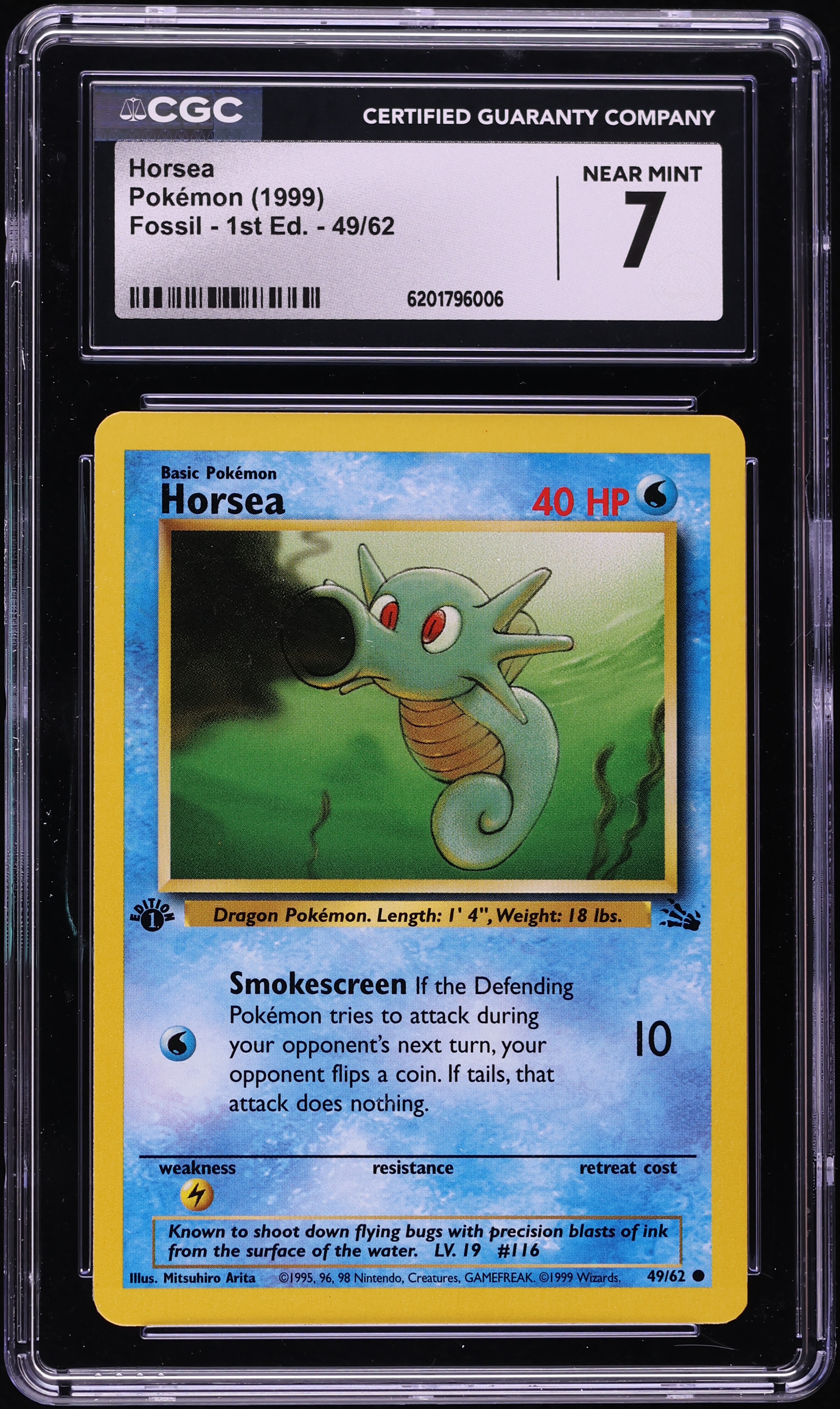 1999 Pokemon Fossil 1st Edition Horsea #49 CGC 7 NRMT