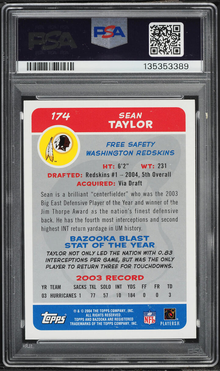 2004 Topps Bazooka Sean Taylor ROOKIE #174 PSA 10 GEM MINT