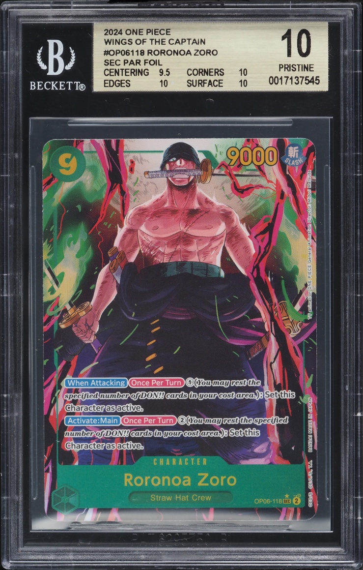 2024 One Piece Wings Of The Captain SEC Alt Art Roronoa Zoro #OP06-118 BGS 10 PRISTINE
