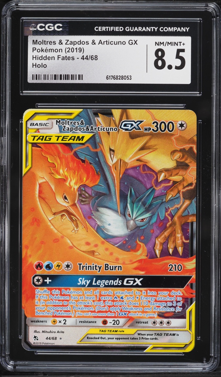 2019 Pokemon Sun & Moon Hidden Fates Holo Moltres & Zapdos & Articuno GX #44 CGC 8.5 NM-MT+
