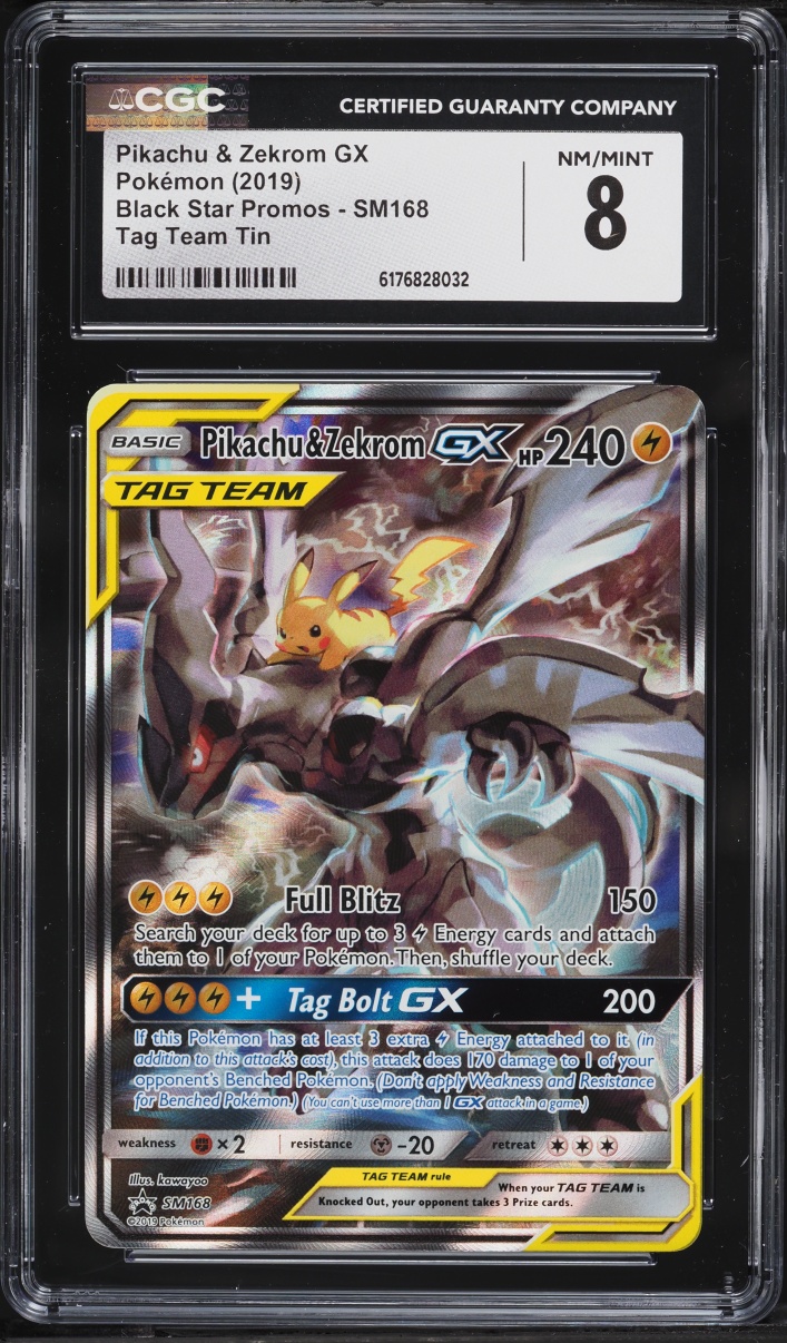 2019 Pokemon Sun & Moon Promo Tag Team Tin Full Art Pikachu & Zekrom GX #SM168 CGC 8 NM-MT
