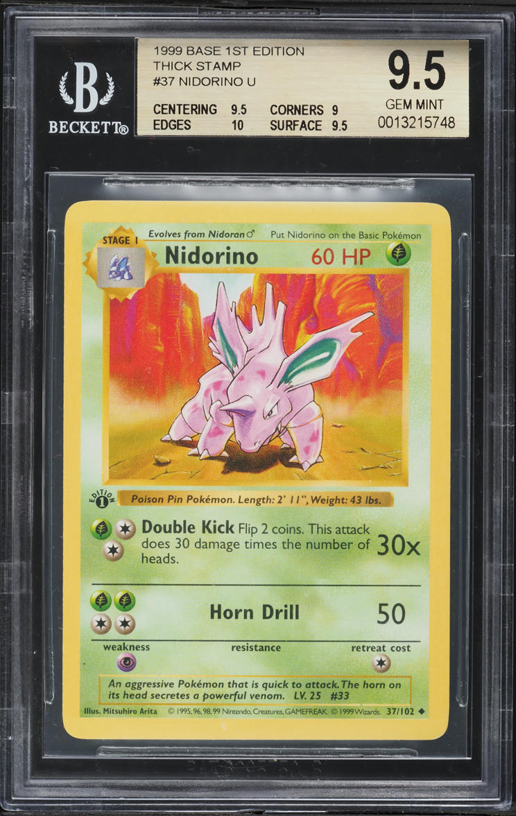 1999 Pokemon Base Set Shadowless 1st Edition Thick Stamp Nidorino BGS 9.5 GEM MINT
