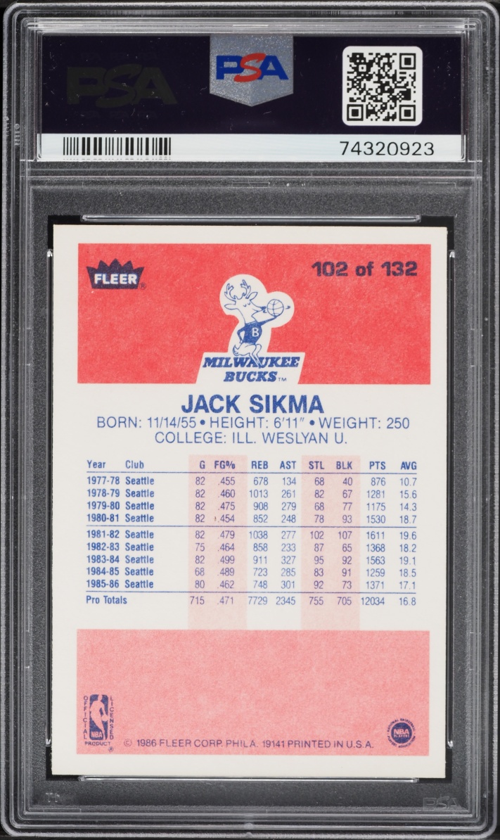 1986 Fleer Basketball Jack Sikma #102 PSA 9 MINT