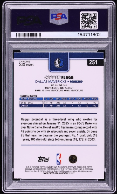 2025 Topps Chrome Xfractor Cooper Flagg ROOKIE #251 PSA 10 GEM MINT