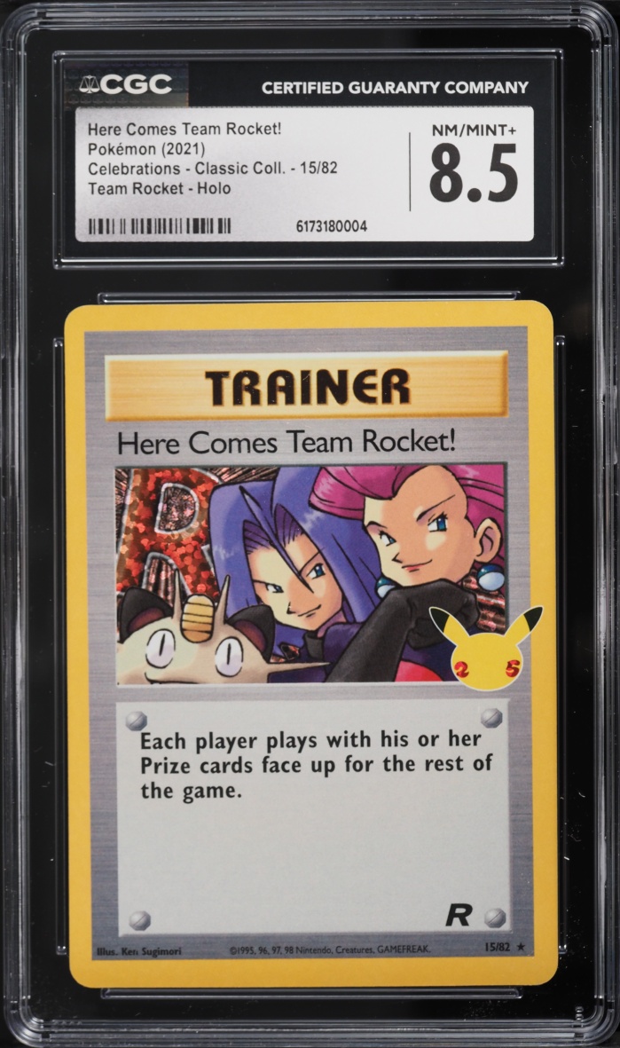 2021 Pokemon Sword & Shield Celebrations Holo Here Comes Team Rocket #15 CGC 8.5 NM-MT+