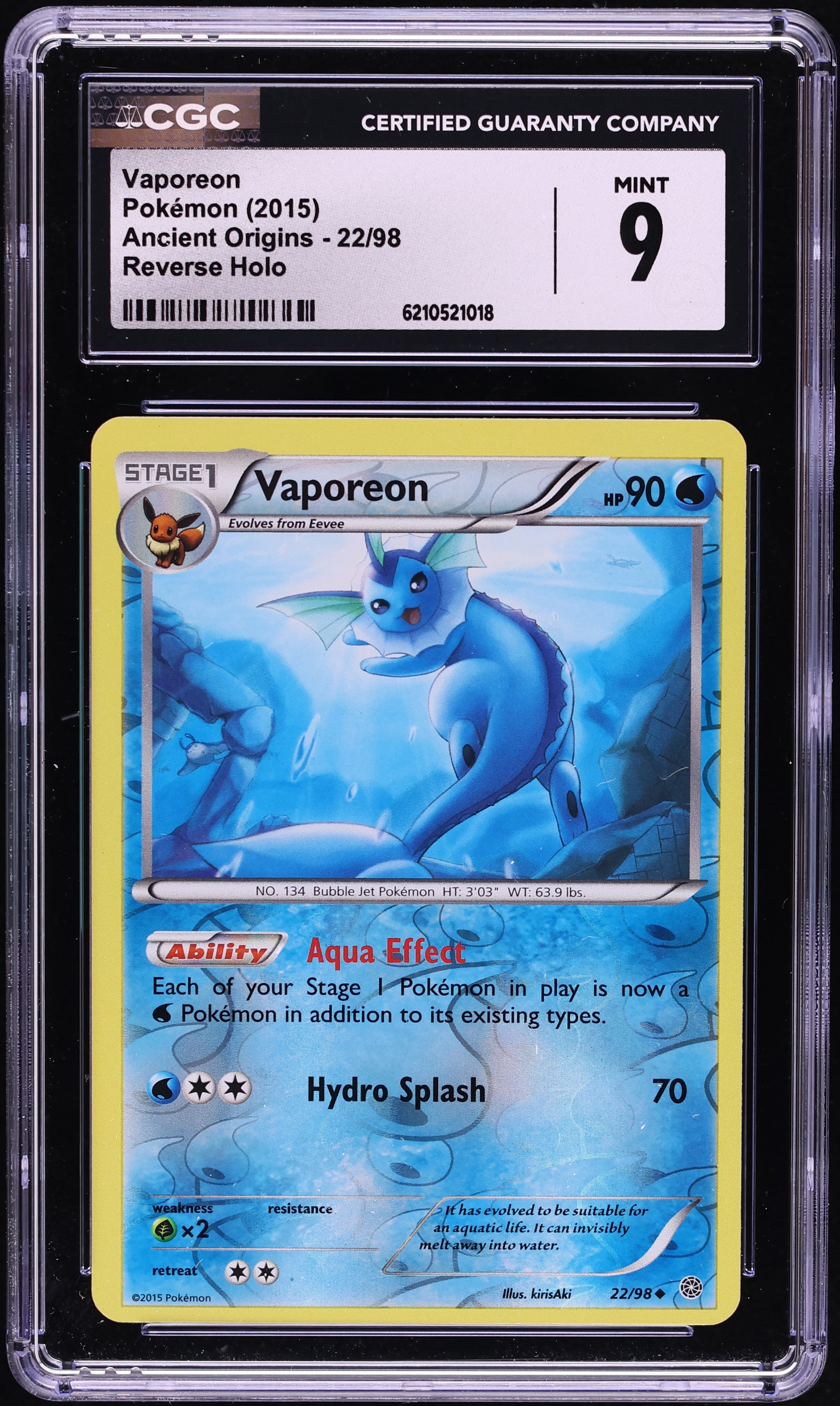 2015 Pokemon XY Ancient Origins Reverse Holo Vaporeon #22 CGC 9 MINT