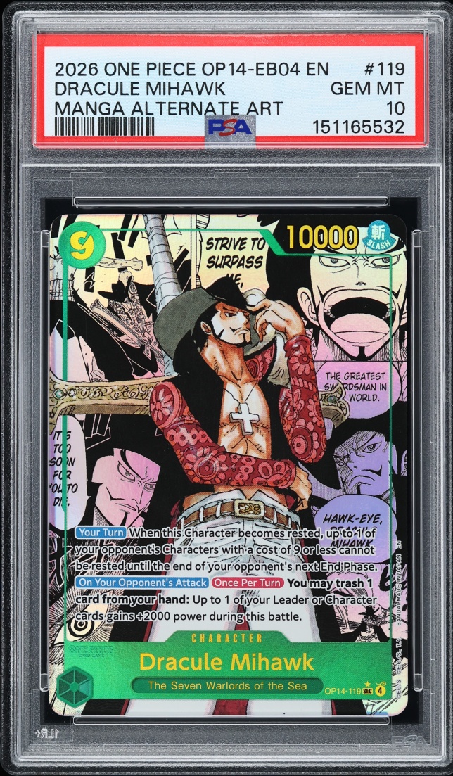 2026 One Piece The Azure Sea's Seven Manga Art Dracule Mihawk #OP14-119 PSA 10 GEM MINT