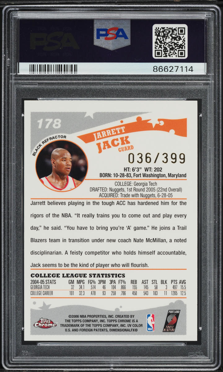 2005 Topps Chrome Black Refractor Jarrett Jack /399 #178 PSA 9 MINT