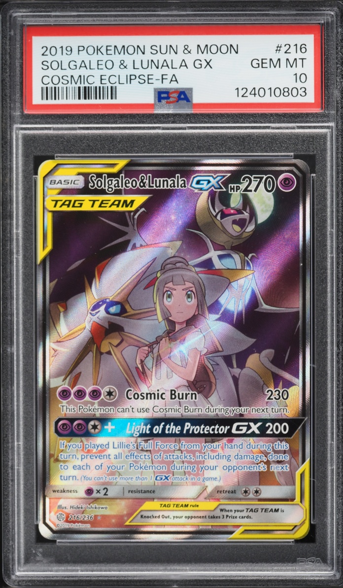 2019 Pokemon Sun & Moon Cosmic Eclipse Full Art Solgaleo & Lunala GX #216 PSA 10 GEM MINT