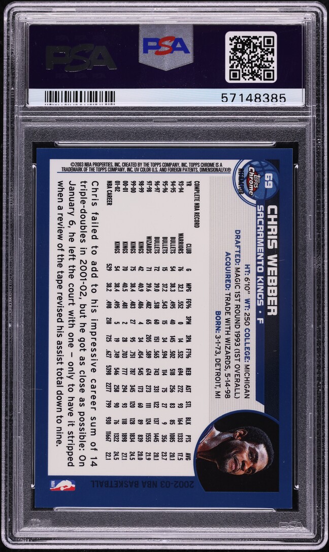 2002 Topps Chrome Refractor Chris Webber #69 PSA 10 GEM MINT