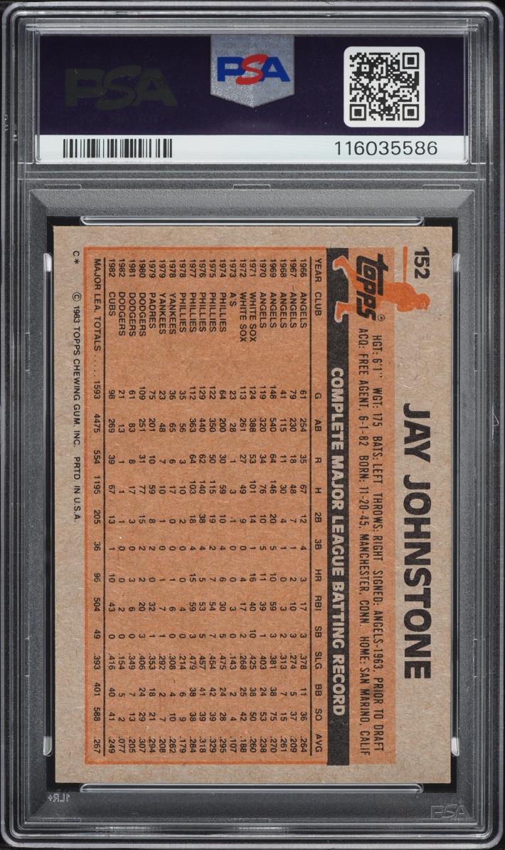 1983 Topps Jay Johnstone #152 PSA 9 MINT
