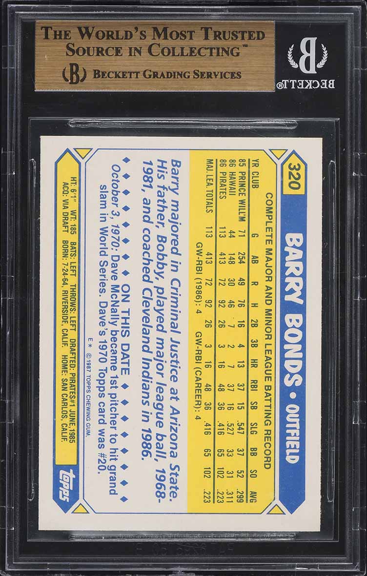 1987 Topps Tiffany Barry Bonds ROOKIE #320 BGS 10 PRISTINE