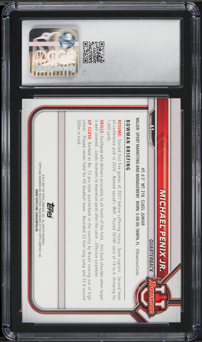 2021 Bowman University Michael Penix Jr. ROOKIE #41 CGC 10 GEM MINT