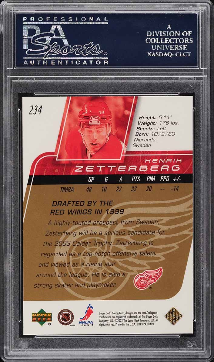 2002 Upper Deck Young Guns Exclusives Henrik Zetterberg ROOKIE /75 #234 PSA 10
