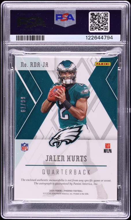 2020 Panini Phoenix Jalen Hurts ROOKIE PATCH AUTO /99 #RDA-JA PSA 9 MINT