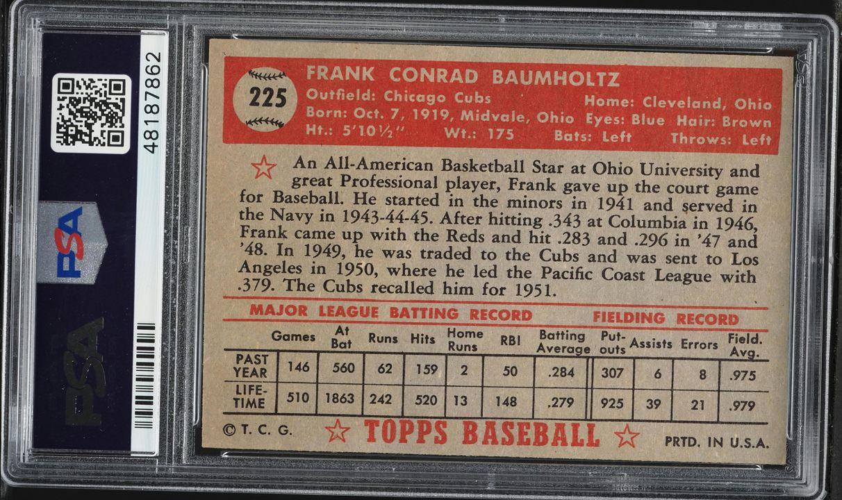 1952 Topps Frank Baumholtz #225 PSA 8 NM-MT
