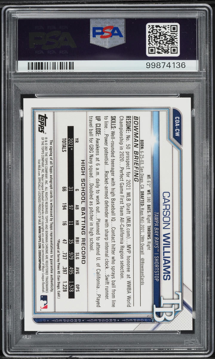 2021 Bowman Chrome Draft Carson Williams PROSPECT AUTO #CDA-CW PSA 9 MINT