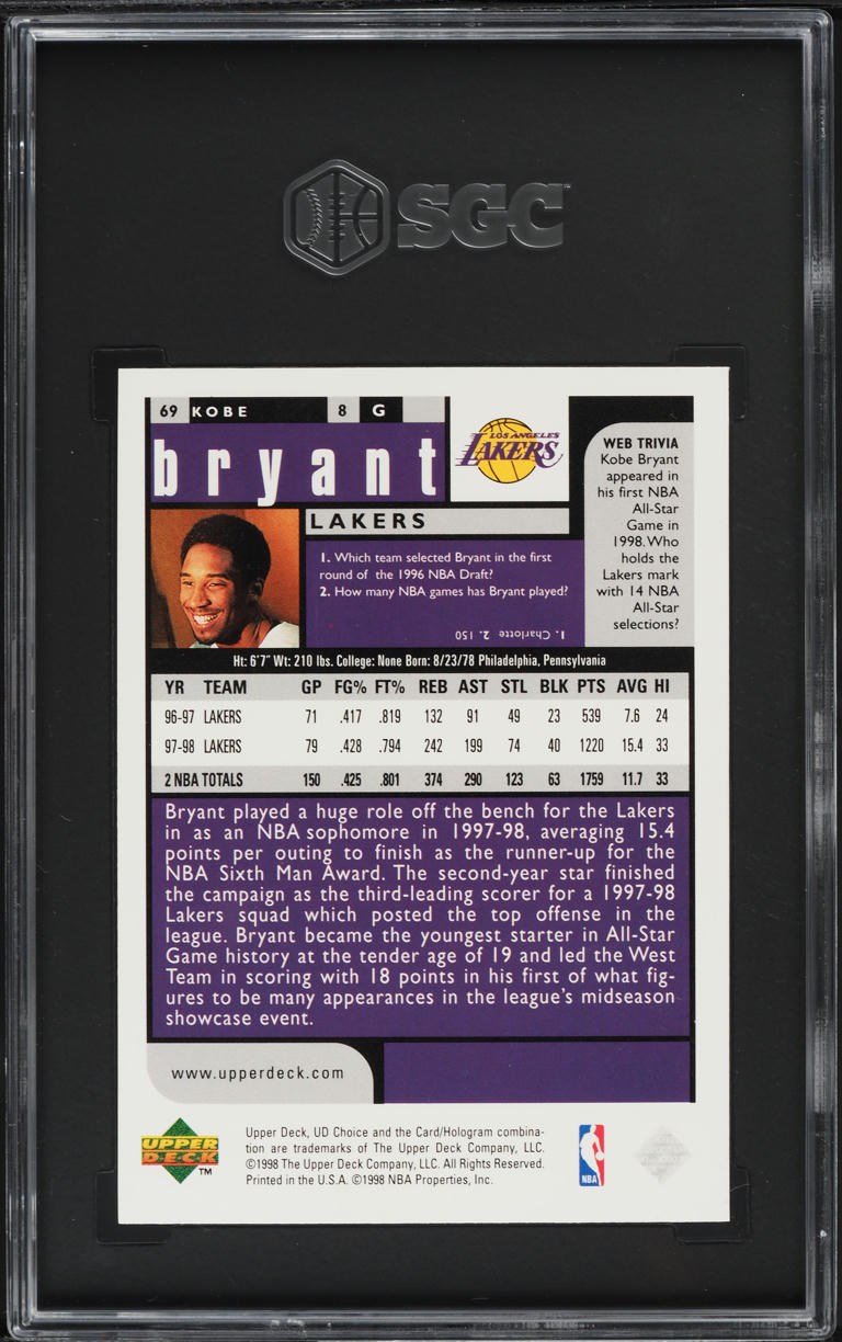 1998 Upper Deck Choice Preview Kobe Bryant #69 SGC 10 GEM MINT