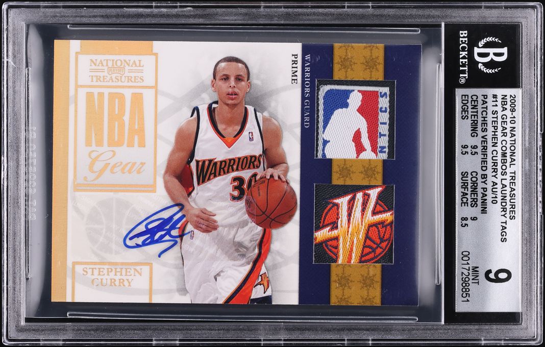 2009 National Treasures NBA Gear Stephen Curry ROOKIE TAG PATCH AUTO /10 BGS 9