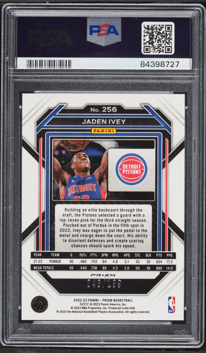 2022 Panini Prizm Blue Jaden Ivey ROOKIE /199 #256 PSA 10 GEM MINT