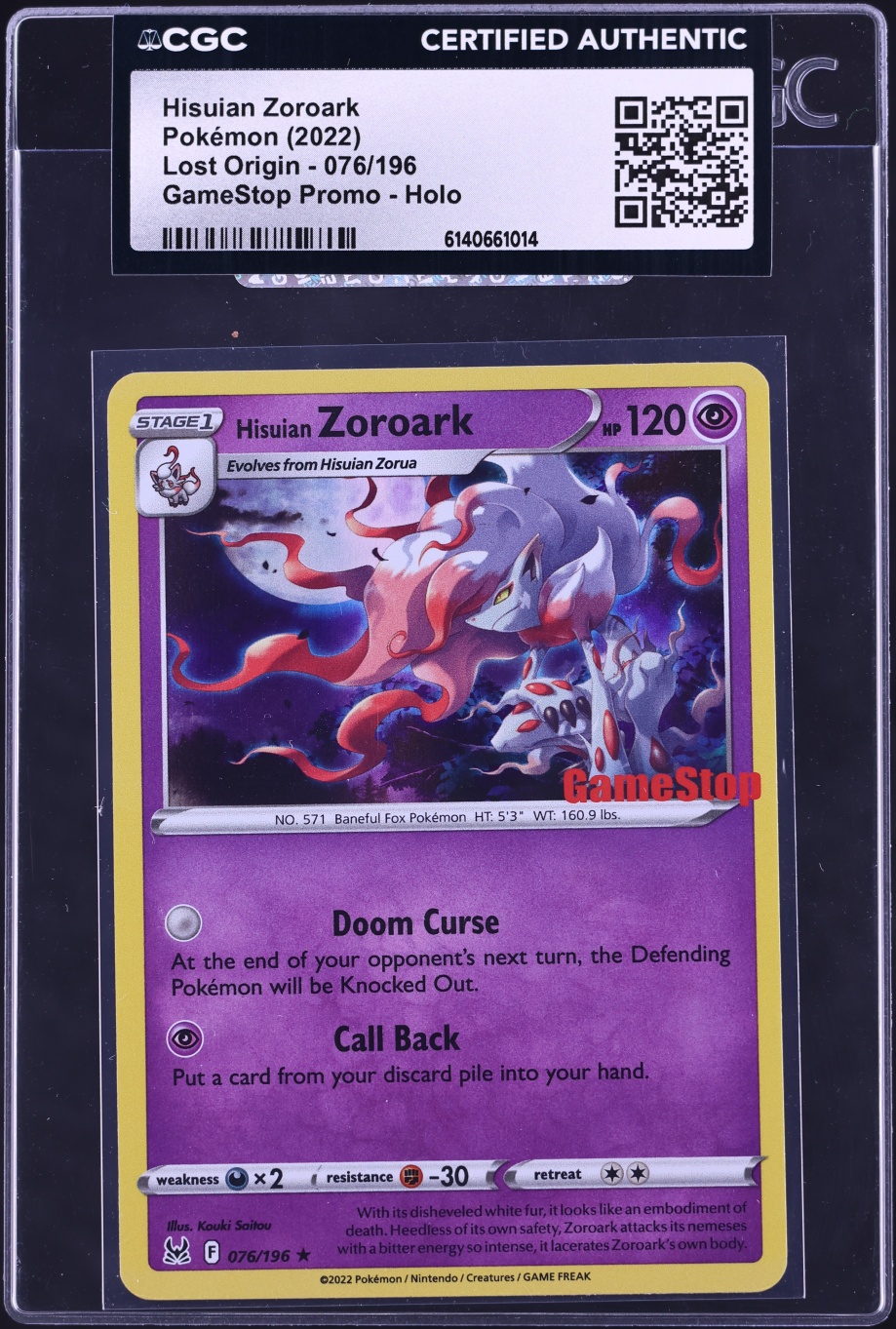 2022 Pokemon SWSH Lost Origin GameStop Promo Holo Hisuian Zoroark #76 CGC AUTH