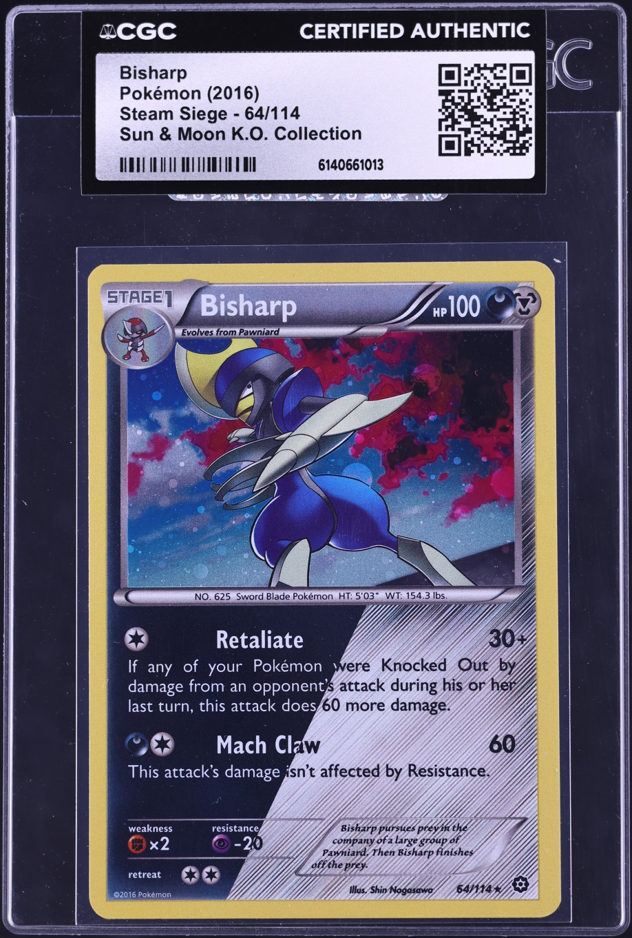 2016 Pokemon Sun & Moon Steam Siege K.O. Collection Holo Bisharp #64 CGC AUTH