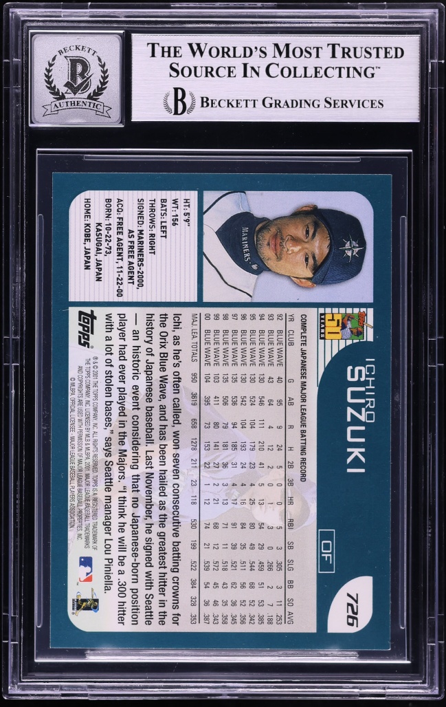 2001 Topps Ichiro Suzuki ROOKIE AUTO #726 BAS BGS AUTH