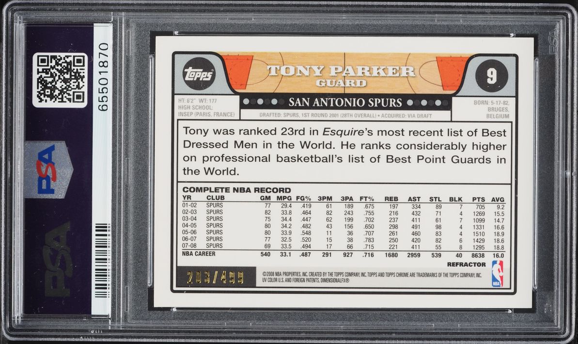 2008 Topps Chrome Orange Refractor Tony Parker /499 #9 PSA 10 GEM MINT