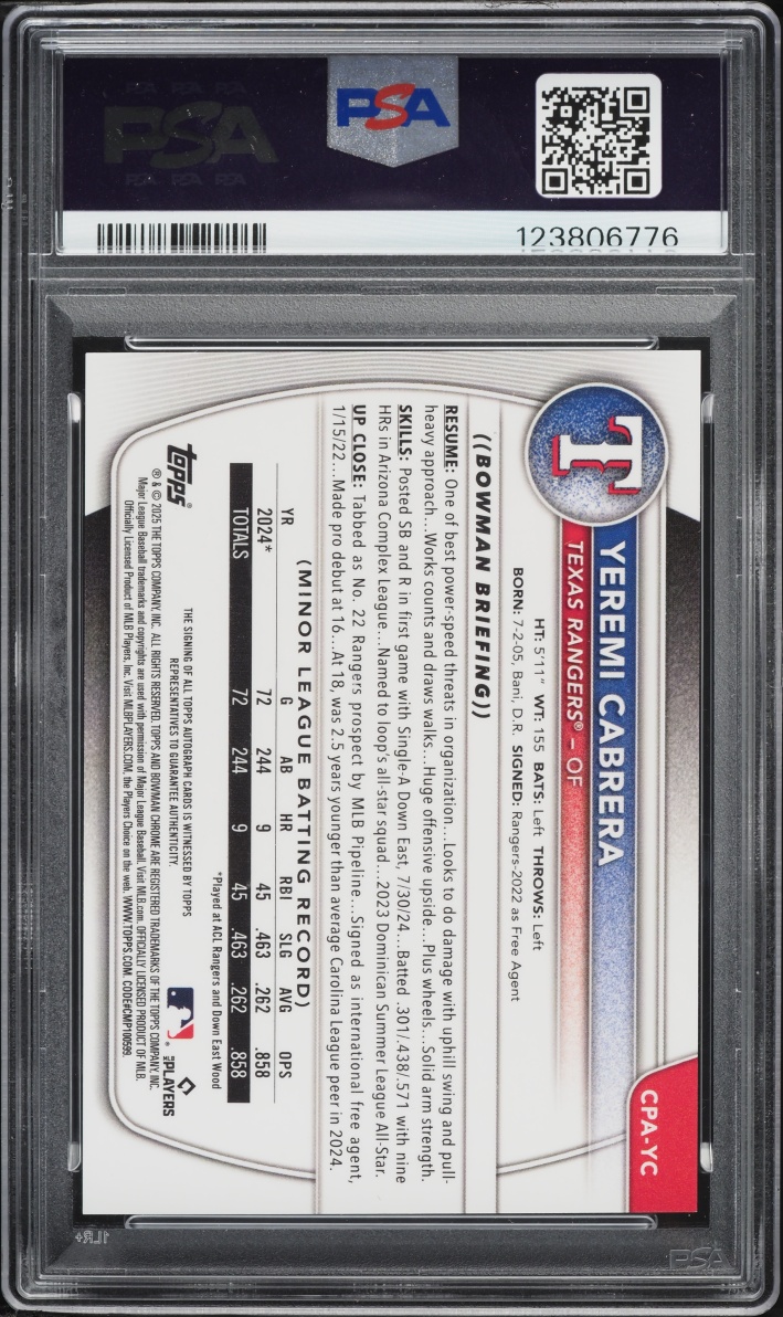 2025 Bowman Chrome Gold Refractor Yeremi Cabrera PROSPECT AUTO /50 #CPA-YC PSA 10 GEM MINT
