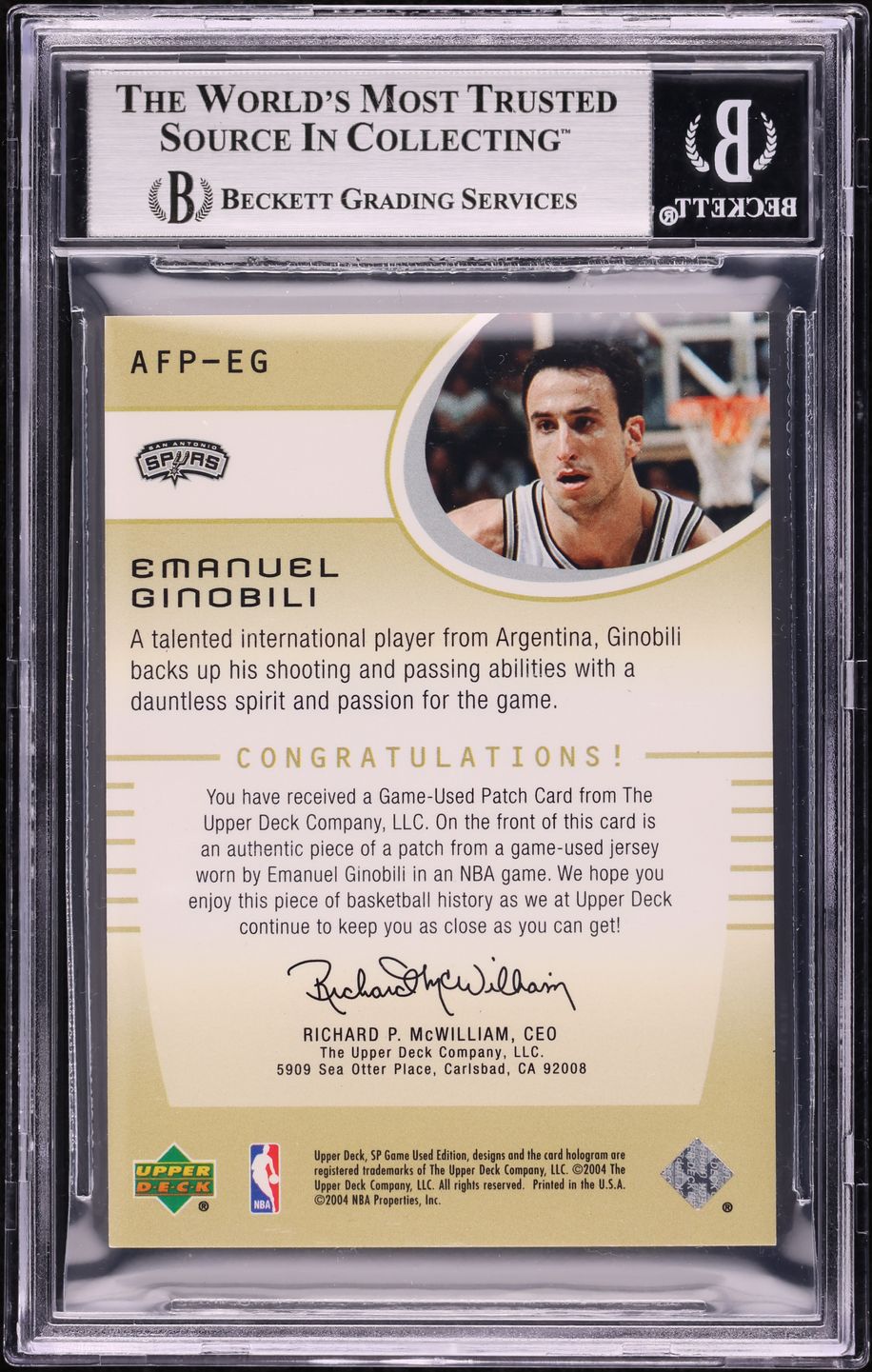 2004 SP Game Used Manu Ginobili NBA LOGOMAN PATCH 1/1 #AFP-EG BGS 8.5 NM-MT+