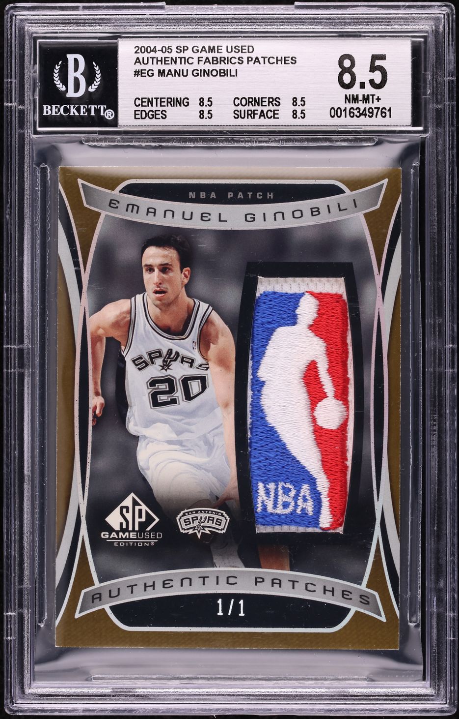 2004 SP Game Used Manu Ginobili NBA LOGOMAN PATCH 1/1 #AFP-EG BGS 8.5 NM-MT+