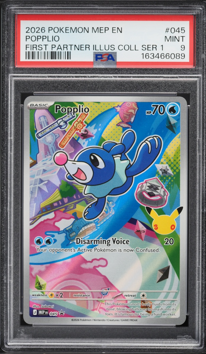 2026 Pokemon Mega Promo First Partner Illustration S1 Full Art Popplio #45 PSA 9 MINT